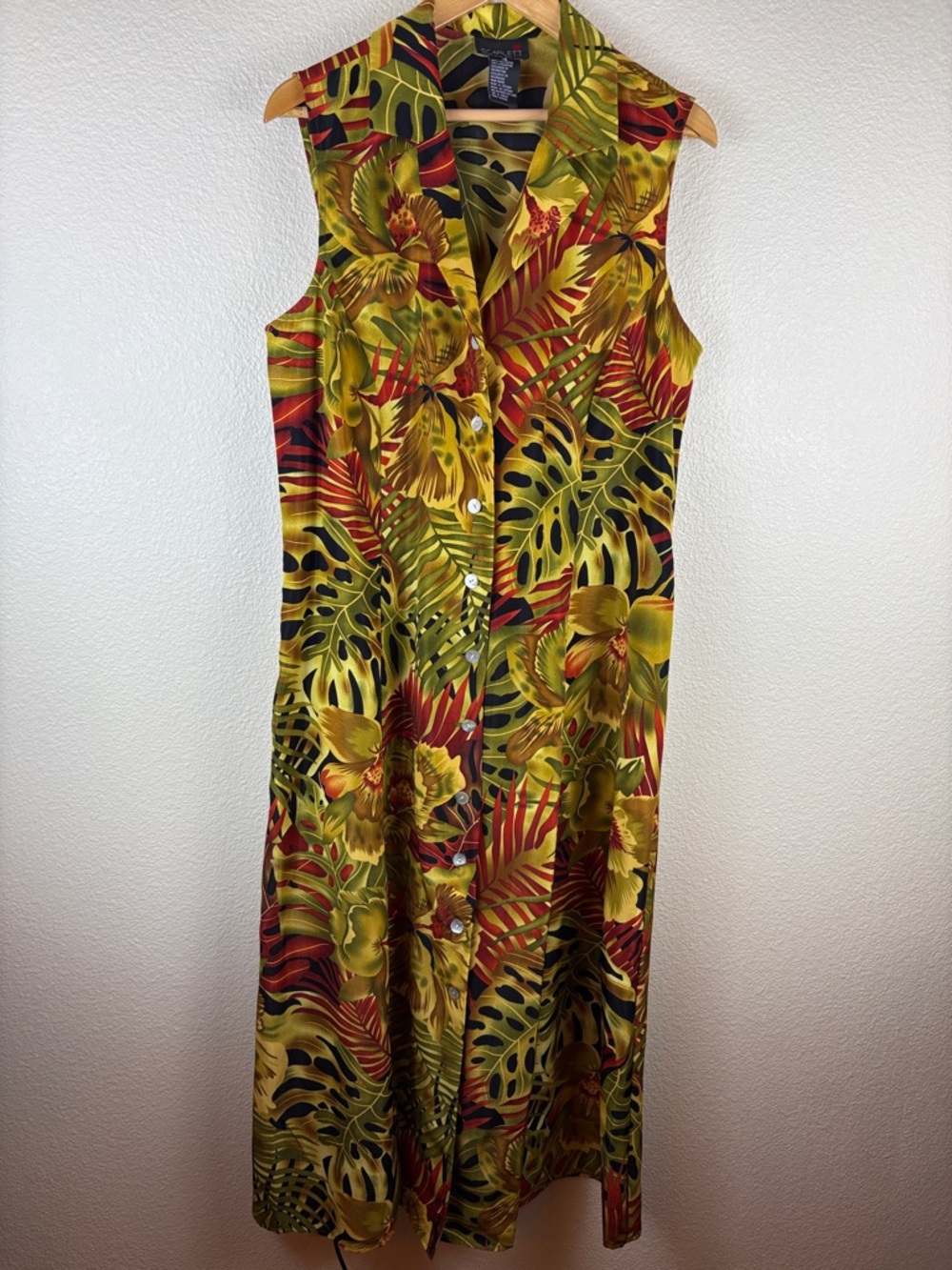 Vintage 90s Scarlett Button Front Maxi Dress Deep Rich Tropical Resort SZ 18